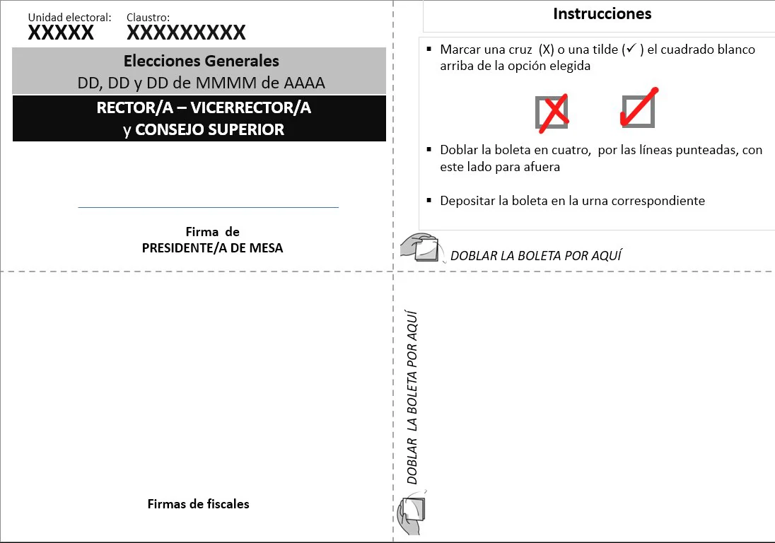 Dorso de la boleta de Rector/a y Consejo Superior con instrucciones