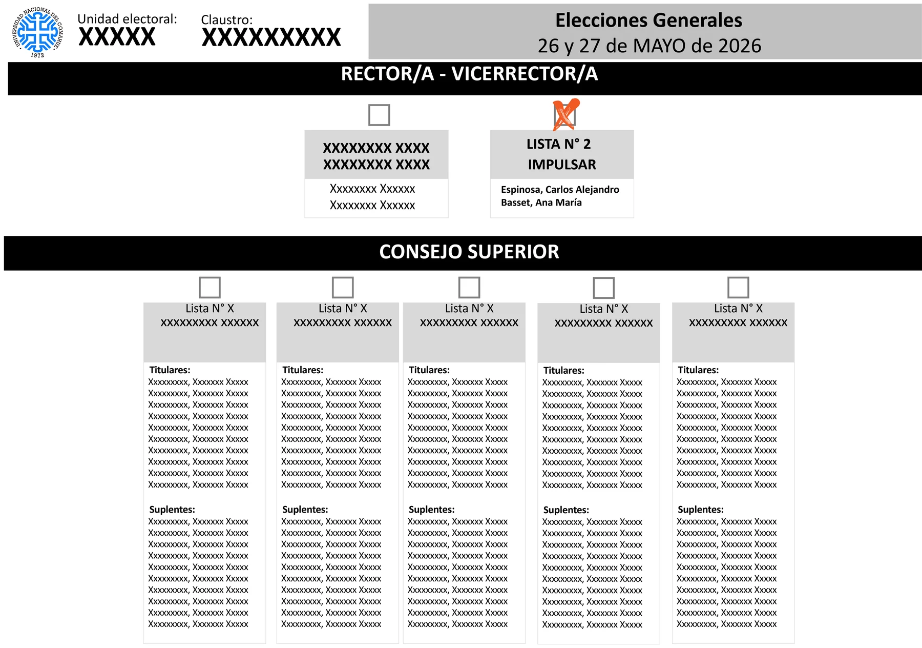 Frente de la boleta de Rector/a con la Lista N° 2 — Impulsar (Espinosa–Basset) marcada con una cruz